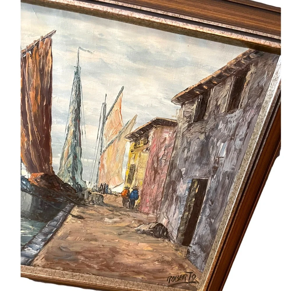 Vintage Nautical Oil Painting on Canvas Signed ROBERTO Sail boats Mid Century - Picture 7 of 12